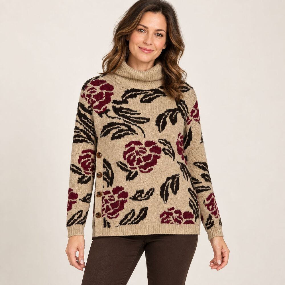 St Johns Bay Sweater Womens Small Beige Burgundy Floral Turtleneck Side Buttons